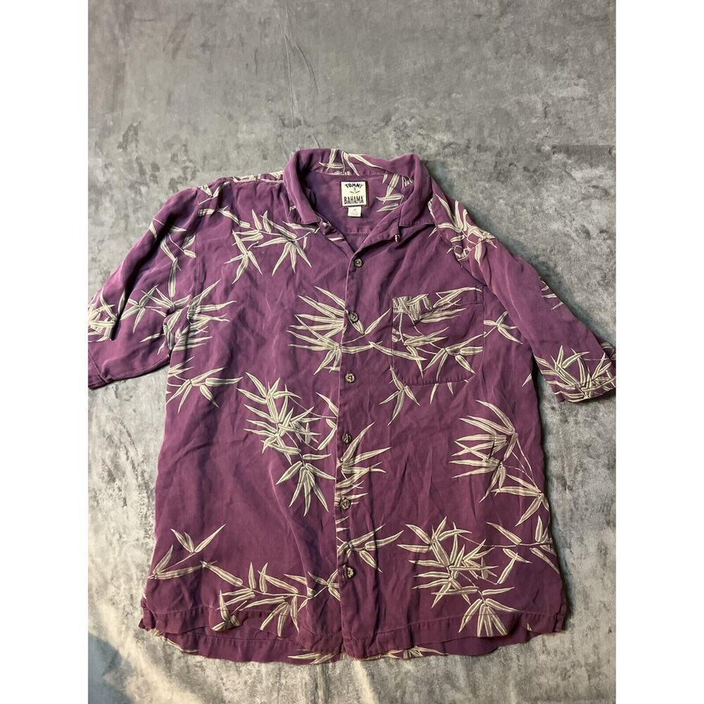 Tommy Bahama Mens Purple Silk Bamboo Leaf Print Short‎ Sleeve Camp Shirt Size M